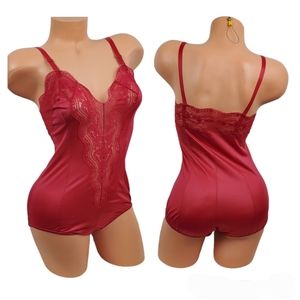 Vintage Nylon Teddy Bodysuit Romper French Maid Brand Sz 32 Red Snap Crotch